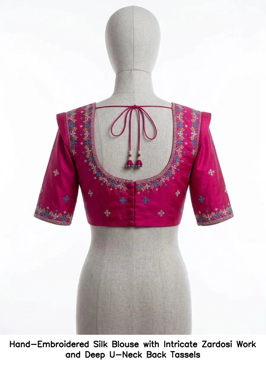 Hand-Embroidered Silk Blouse with Intricate Zardosi Work and Deep U-Neck Back Tassels - Image 2
