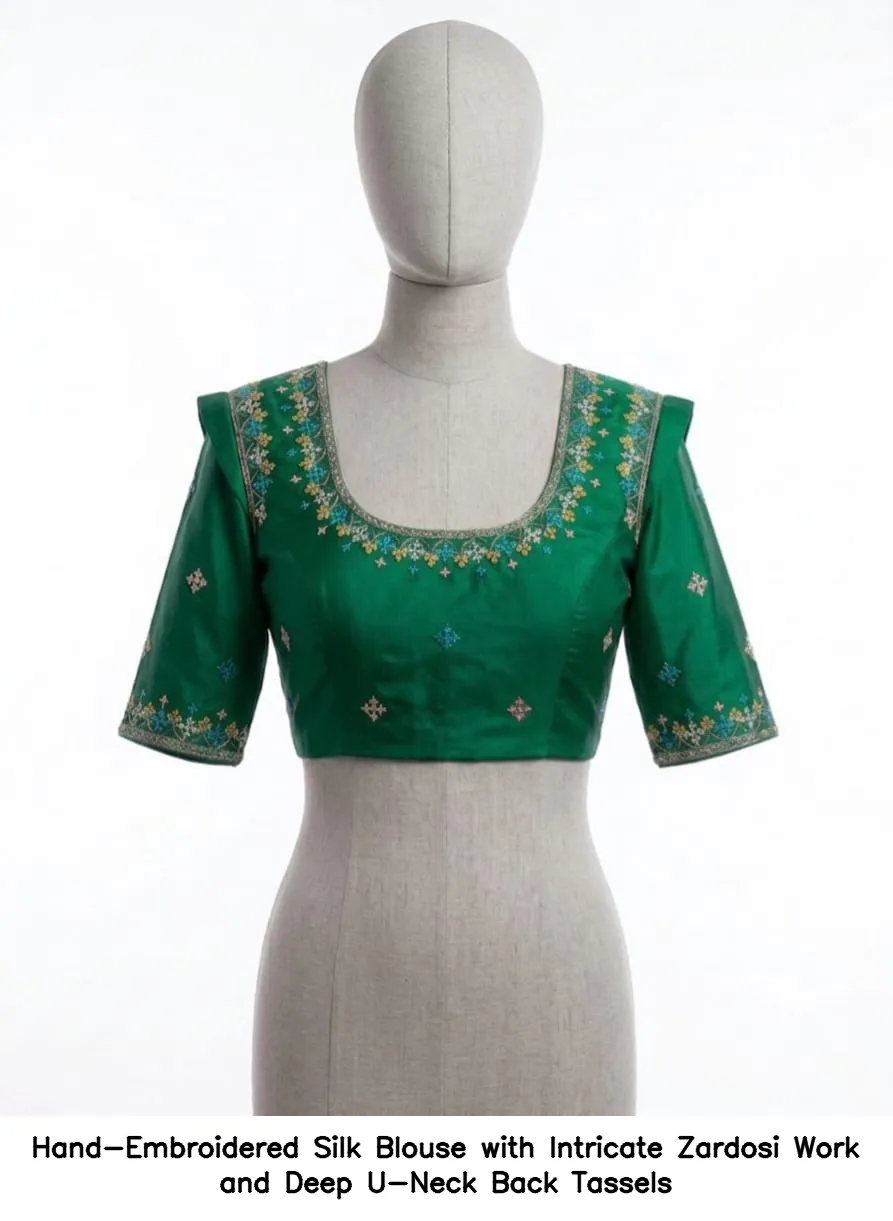 Hand-Embroidered Silk Blouse with Intricate Zardosi Work and Deep U-Neck Back Tassels - Image 3