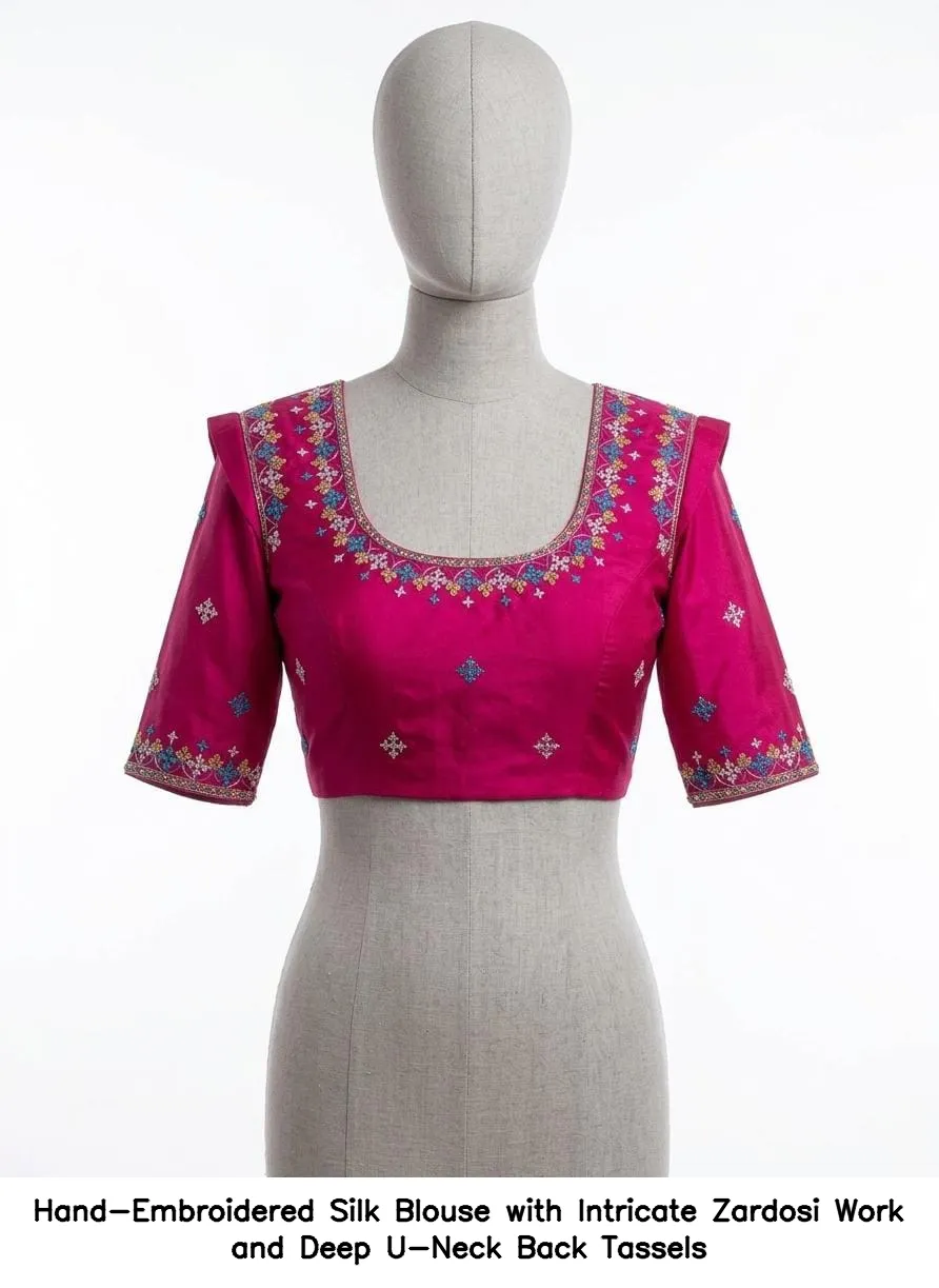 Hand-Embroidered Silk Blouse with Intricate Zardosi Work and Deep U-Neck Back Tassels - Image 4