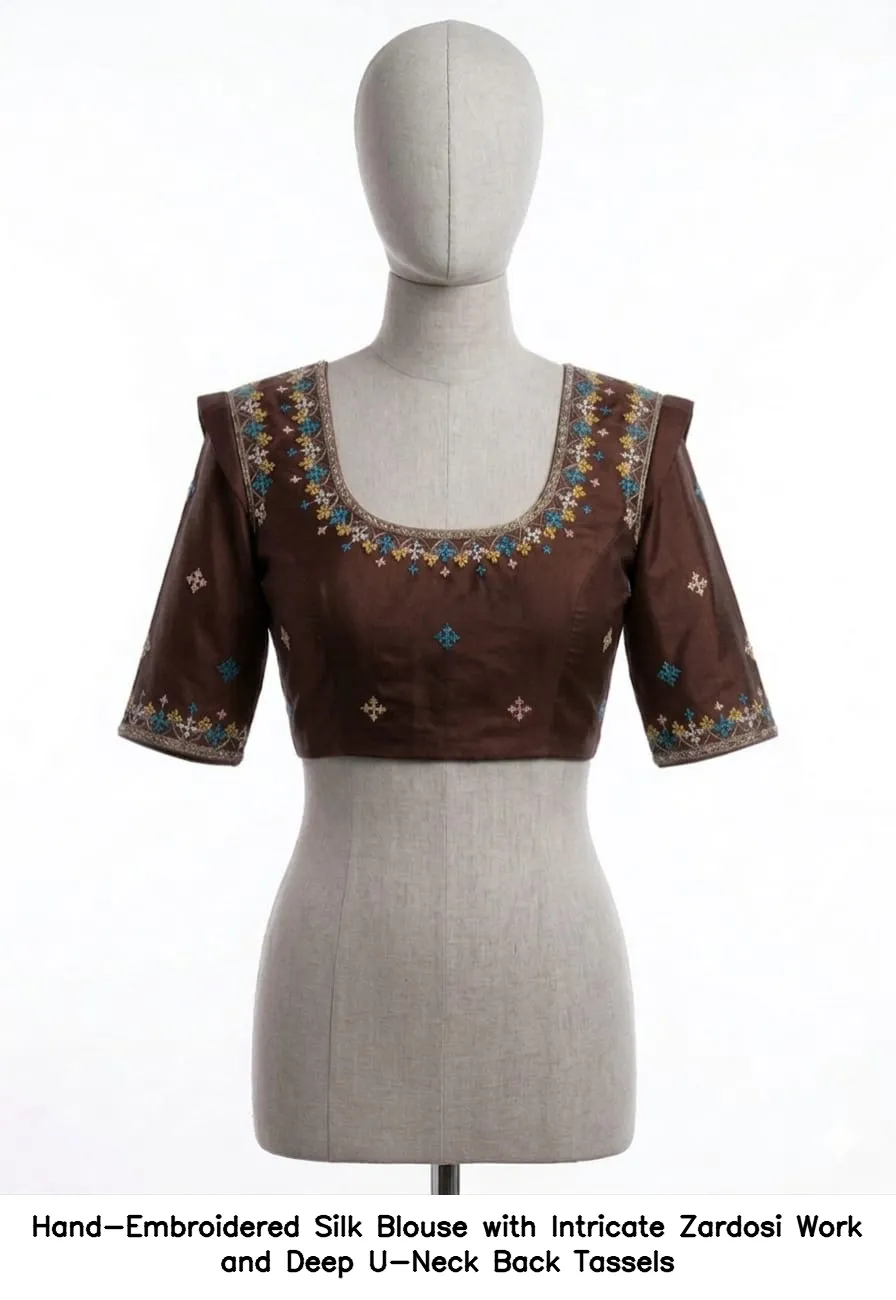 Hand-Embroidered Silk Blouse with Intricate Zardosi Work and Deep U-Neck Back Tassels - Image 5