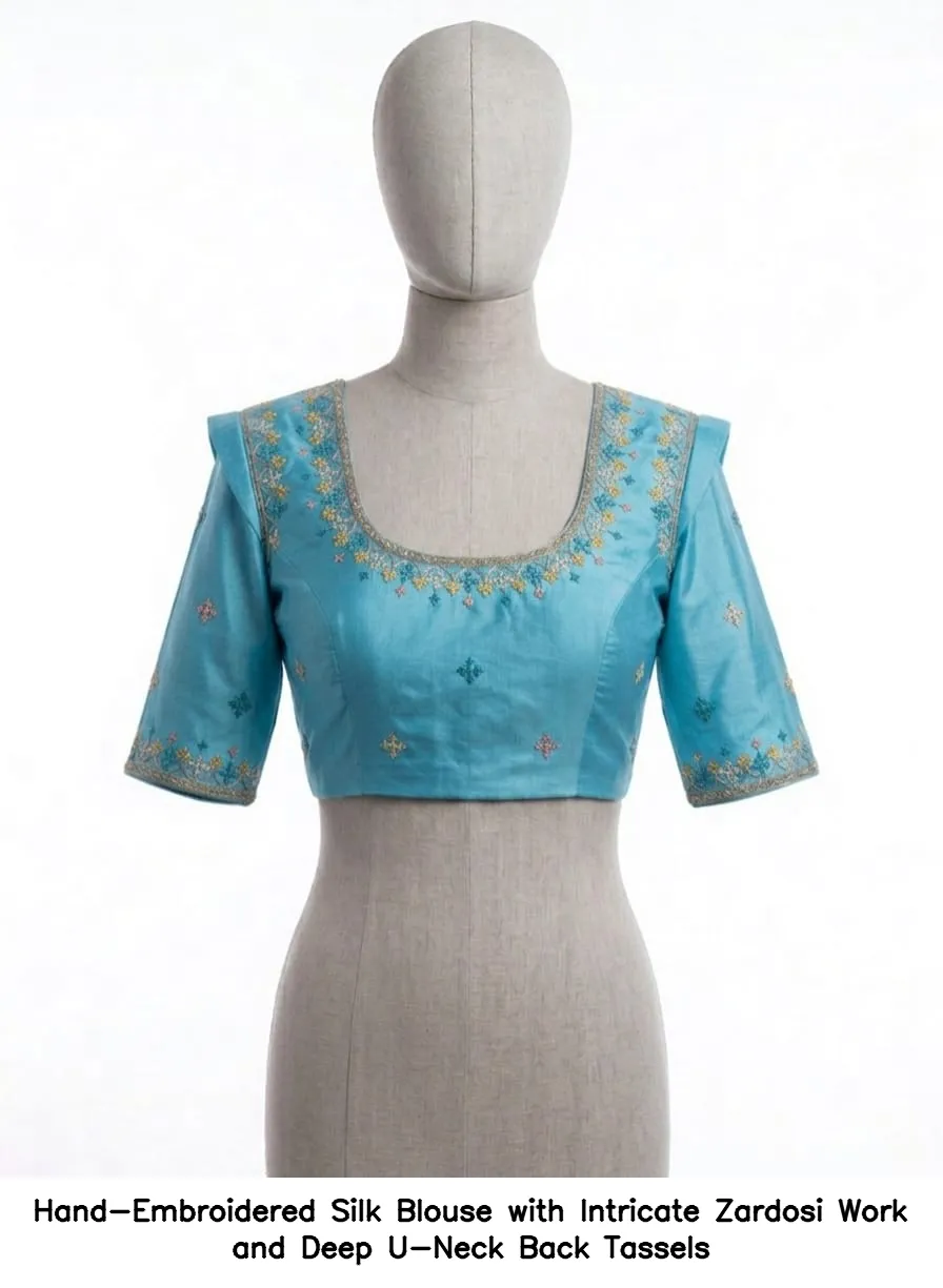 Hand-Embroidered Silk Blouse with Intricate Zardosi Work and Deep U-Neck Back Tassels - Image 6