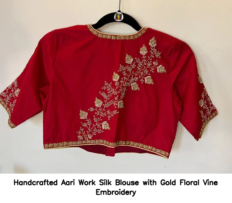 Handcrafted Aari Work Silk Blouse with Gold Floral Vine Embroidery