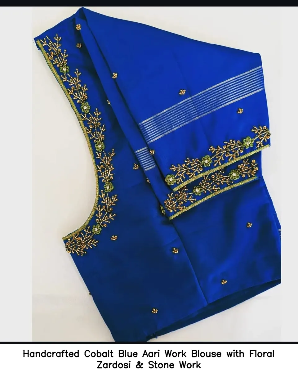 Handcrafted Cobalt Blue Aari Work Blouse with Floral Zardosi & Stone Work