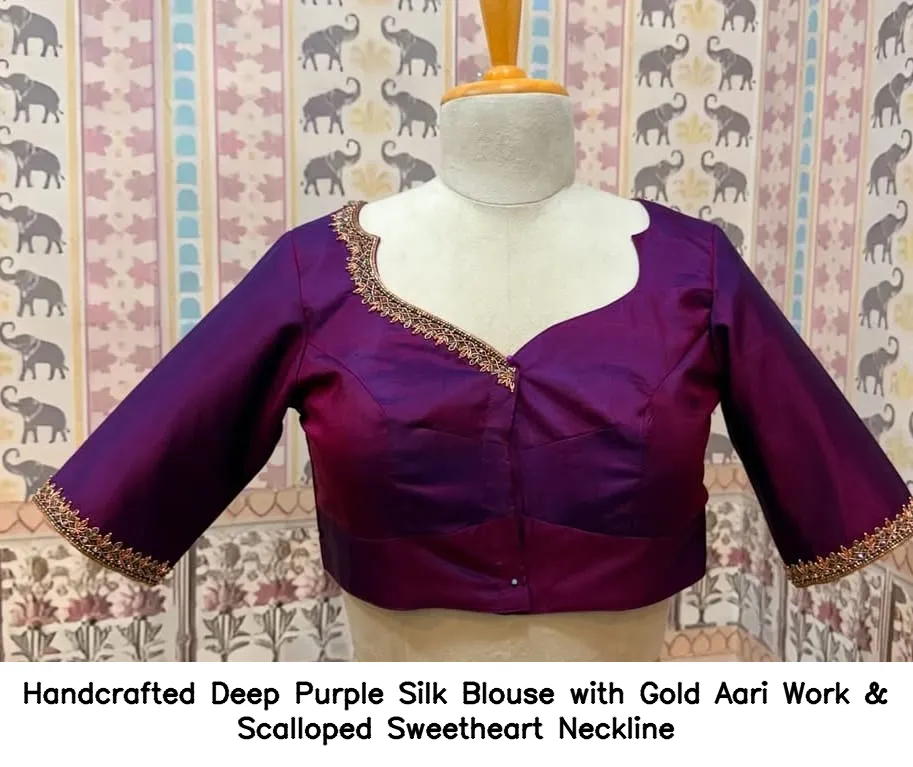 Handcrafted Deep Purple Silk Blouse with Gold Aari Work & Scalloped Sweetheart Neckline