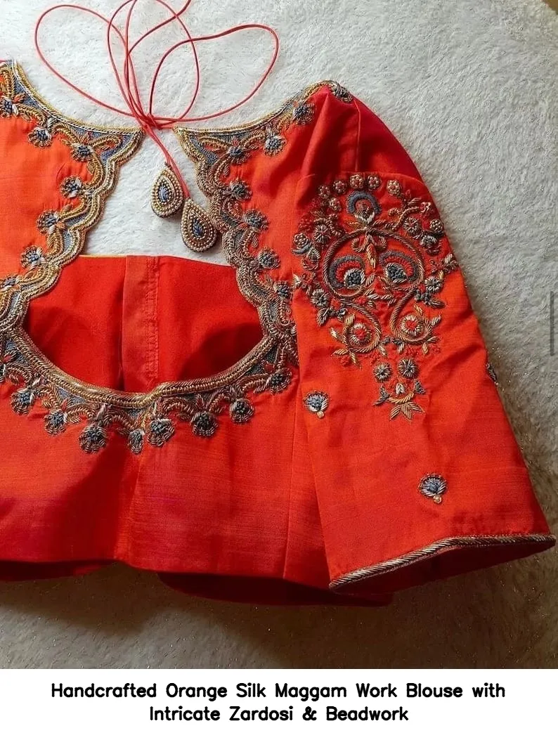 Handcrafted Orange Silk Maggam Work Blouse with Intricate Zardosi & Beadwork