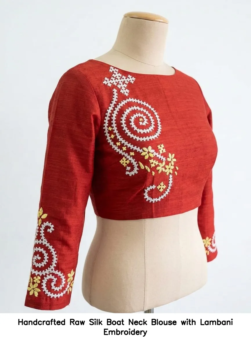 Handcrafted Raw Silk Boat Neck Blouse with Lambani Embroidery