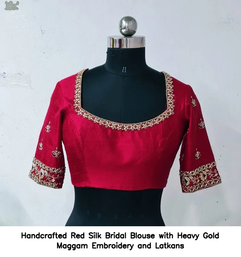 Handcrafted Red Silk Bridal Blouse with Heavy Gold Maggam Embroidery and Latkans