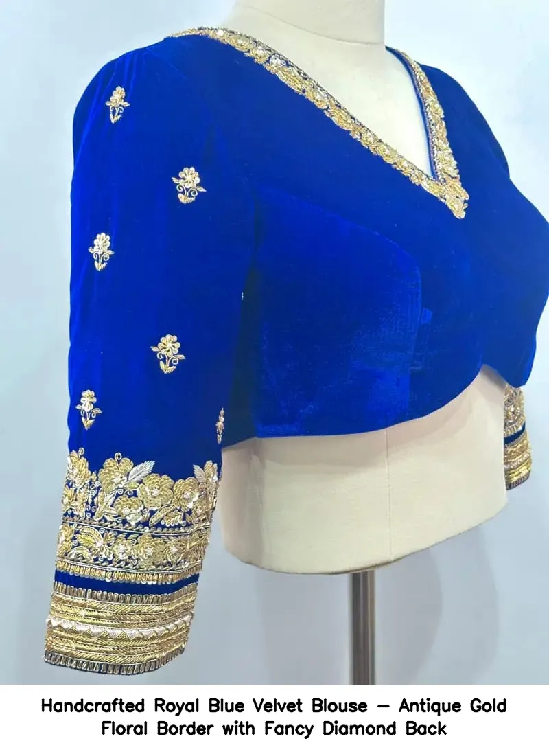 Handcrafted Royal Blue Velvet Blouse - Antique Gold Floral Border with Fancy Diamond Back