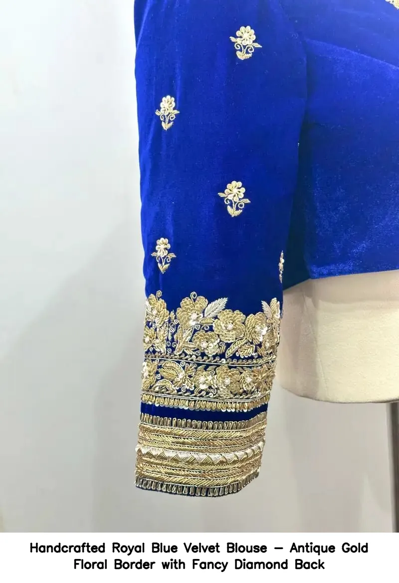 Handcrafted Royal Blue Velvet Blouse - Antique Gold Floral Border with Fancy Diamond Back - Image 2