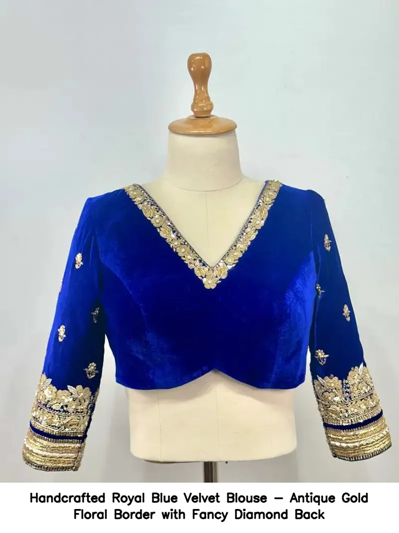 Handcrafted Royal Blue Velvet Blouse - Antique Gold Floral Border with Fancy Diamond Back - Image 3