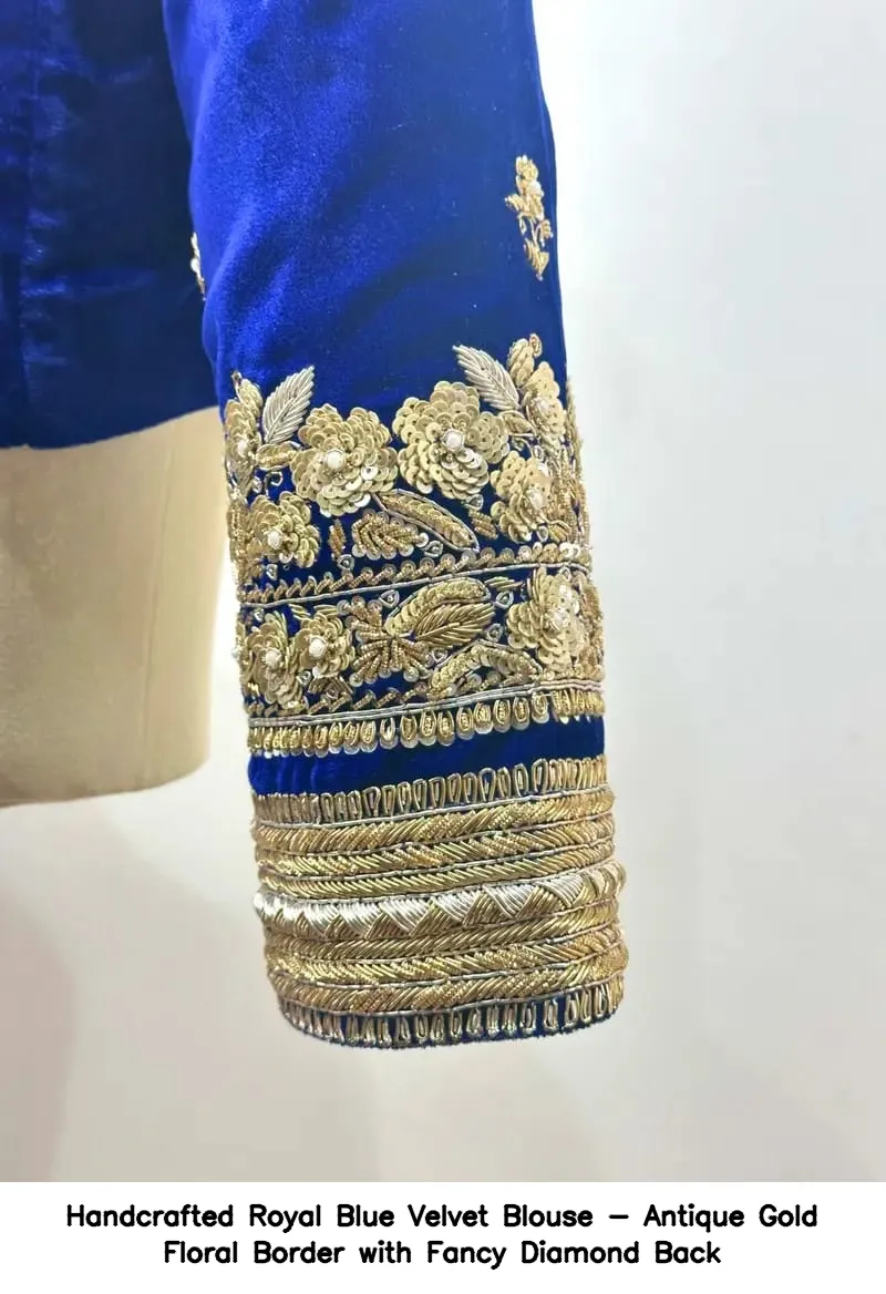 Handcrafted Royal Blue Velvet Blouse - Antique Gold Floral Border with Fancy Diamond Back - Image 4