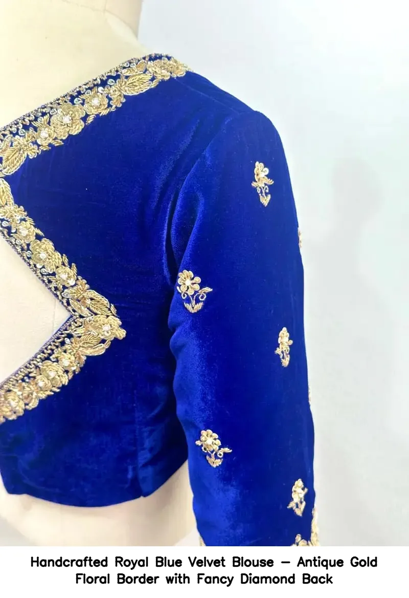 Handcrafted Royal Blue Velvet Blouse - Antique Gold Floral Border with Fancy Diamond Back - Image 5
