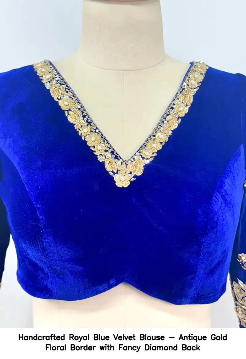 Handcrafted Royal Blue Velvet Blouse - Antique Gold Floral Border with Fancy Diamond Back - Image 6