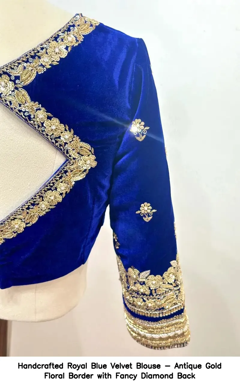 Handcrafted Royal Blue Velvet Blouse - Antique Gold Floral Border with Fancy Diamond Back - Image 7