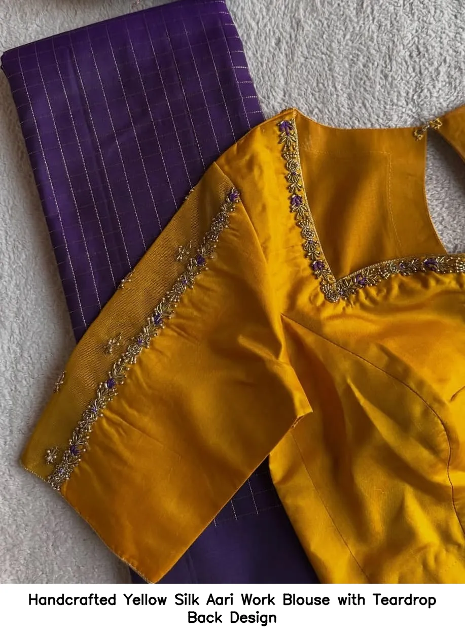 Handcrafted Yellow Silk Aari Work Blouse with Teardrop Back Design