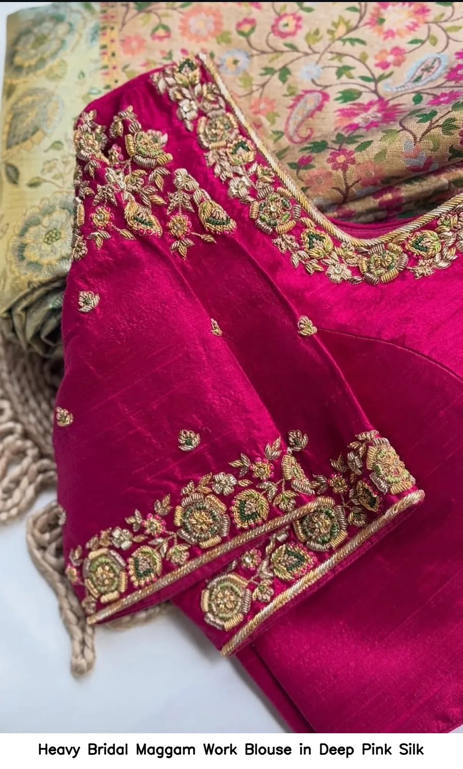 Heavy Bridal Maggam Work Blouse in Deep Pink Silk