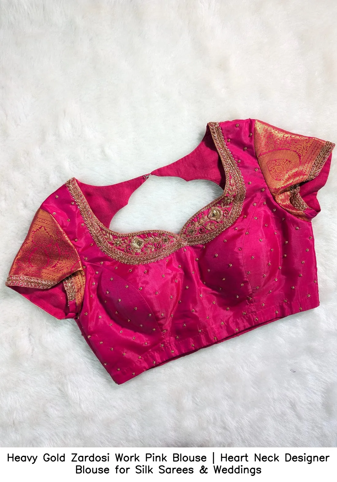 Heavy Gold Zardosi Work Pink Blouse | Heart Neck Designer Blouse for Silk Sarees & Weddings