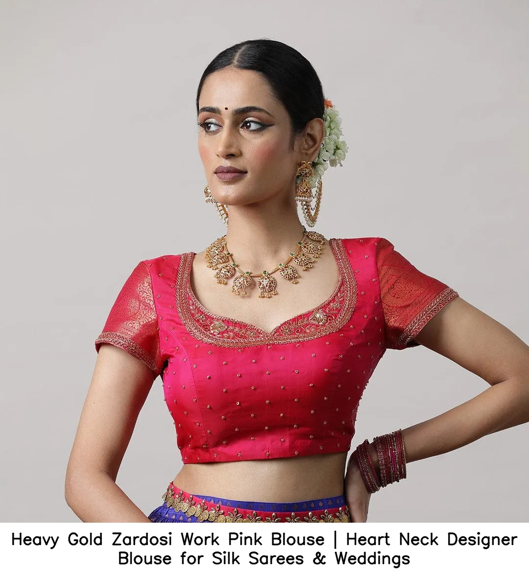 Heavy Gold Zardosi Work Pink Blouse | Heart Neck Designer Blouse for Silk Sarees & Weddings - Image 2