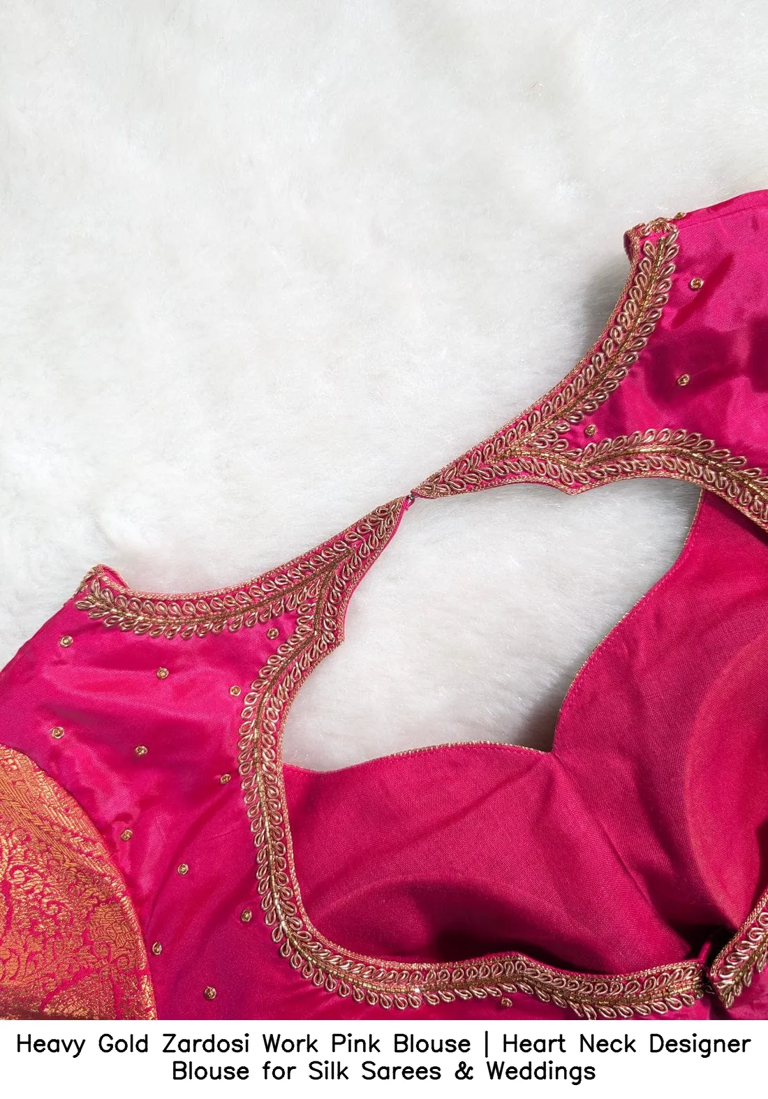 Heavy Gold Zardosi Work Pink Blouse | Heart Neck Designer Blouse for Silk Sarees & Weddings - Image 3