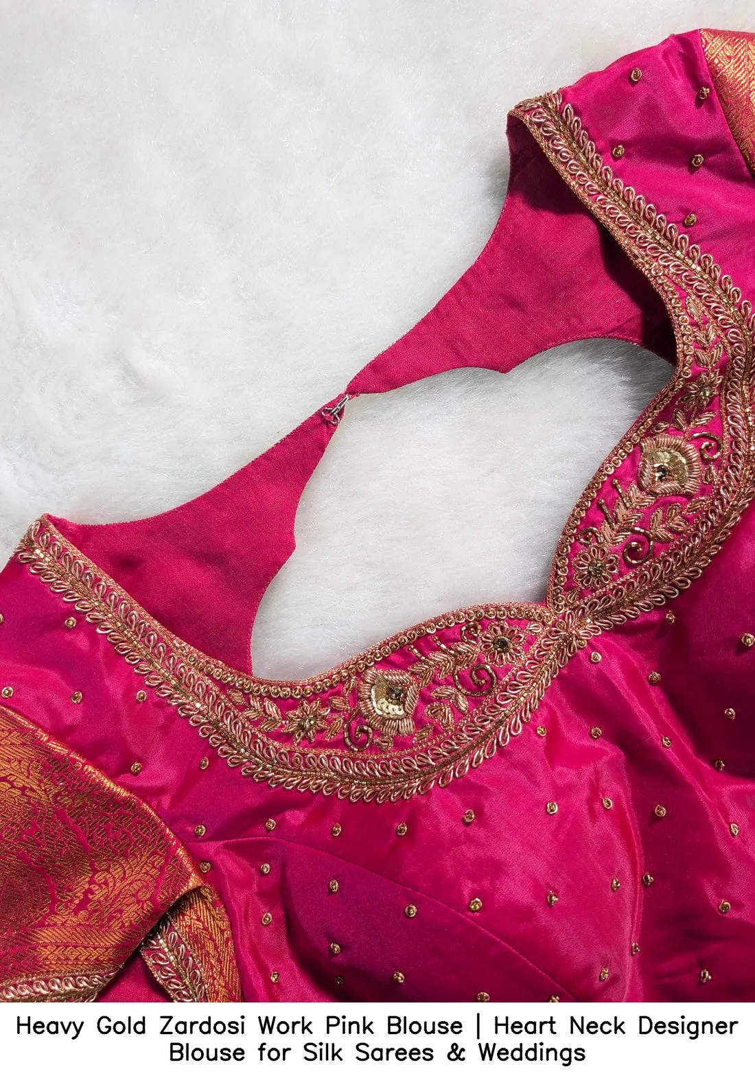 Heavy Gold Zardosi Work Pink Blouse | Heart Neck Designer Blouse for Silk Sarees & Weddings - Image 4