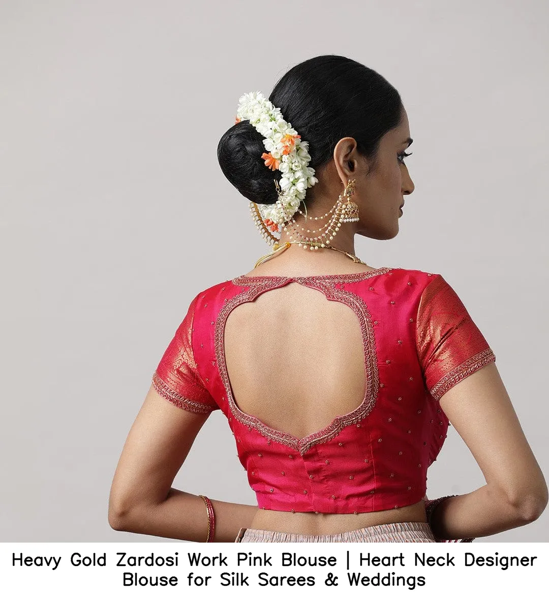 Heavy Gold Zardosi Work Pink Blouse | Heart Neck Designer Blouse for Silk Sarees & Weddings - Image 5