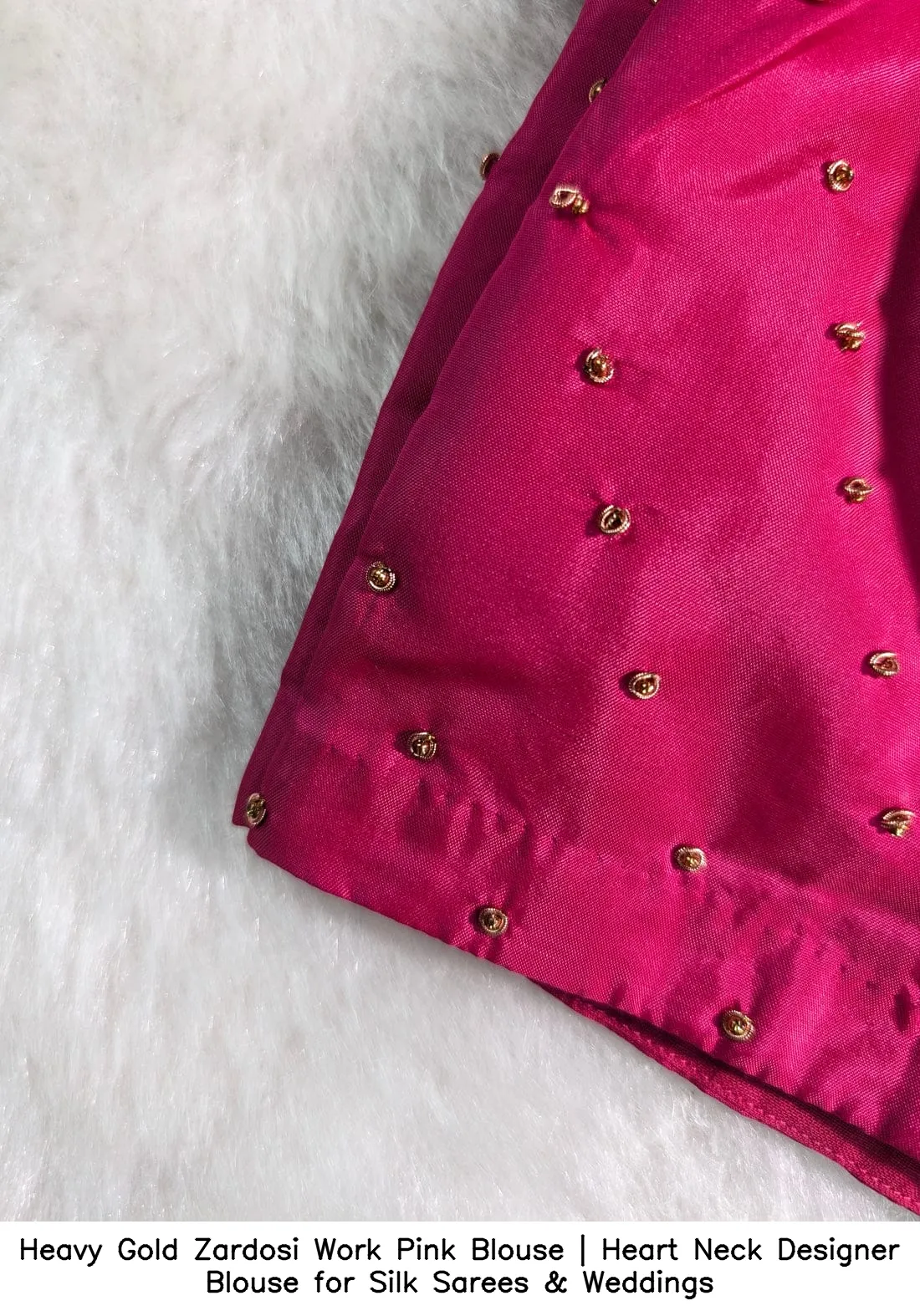 Heavy Gold Zardosi Work Pink Blouse | Heart Neck Designer Blouse for Silk Sarees & Weddings - Image 6