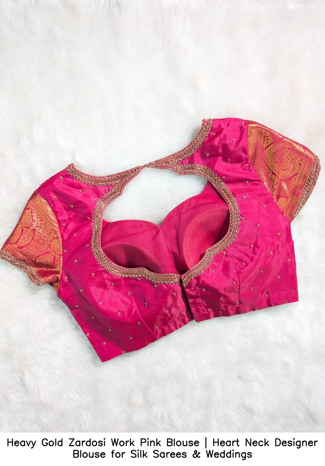 Heavy Gold Zardosi Work Pink Blouse | Heart Neck Designer Blouse for Silk Sarees & Weddings - Image 7