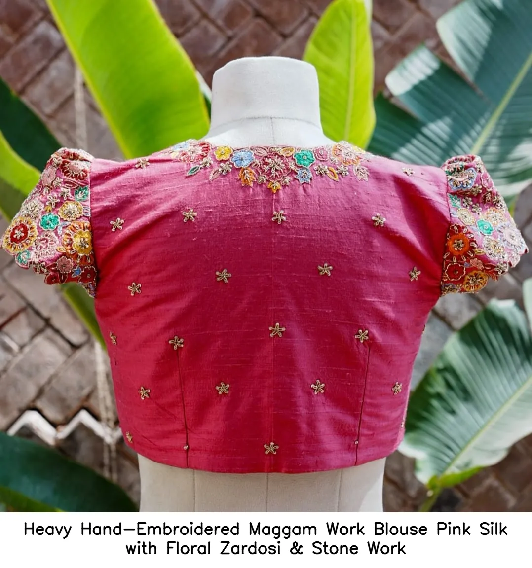 Heavy Hand-Embroidered Maggam Work Blouse – Pink Silk with Floral Zardosi & Stone Work