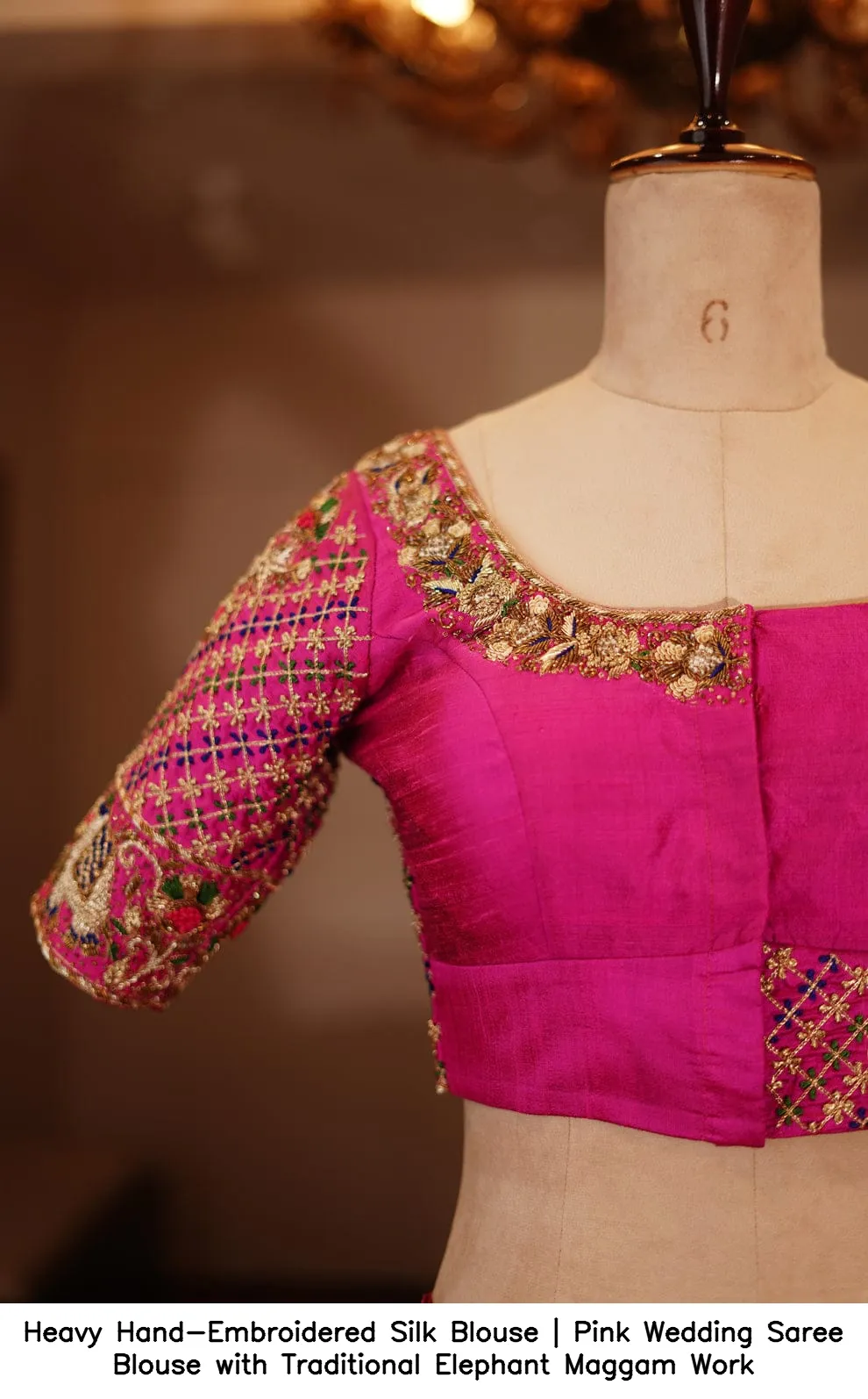Heavy Hand-Embroidered Silk Blouse | Pink Wedding Saree Blouse with Traditional Elephant Maggam Work