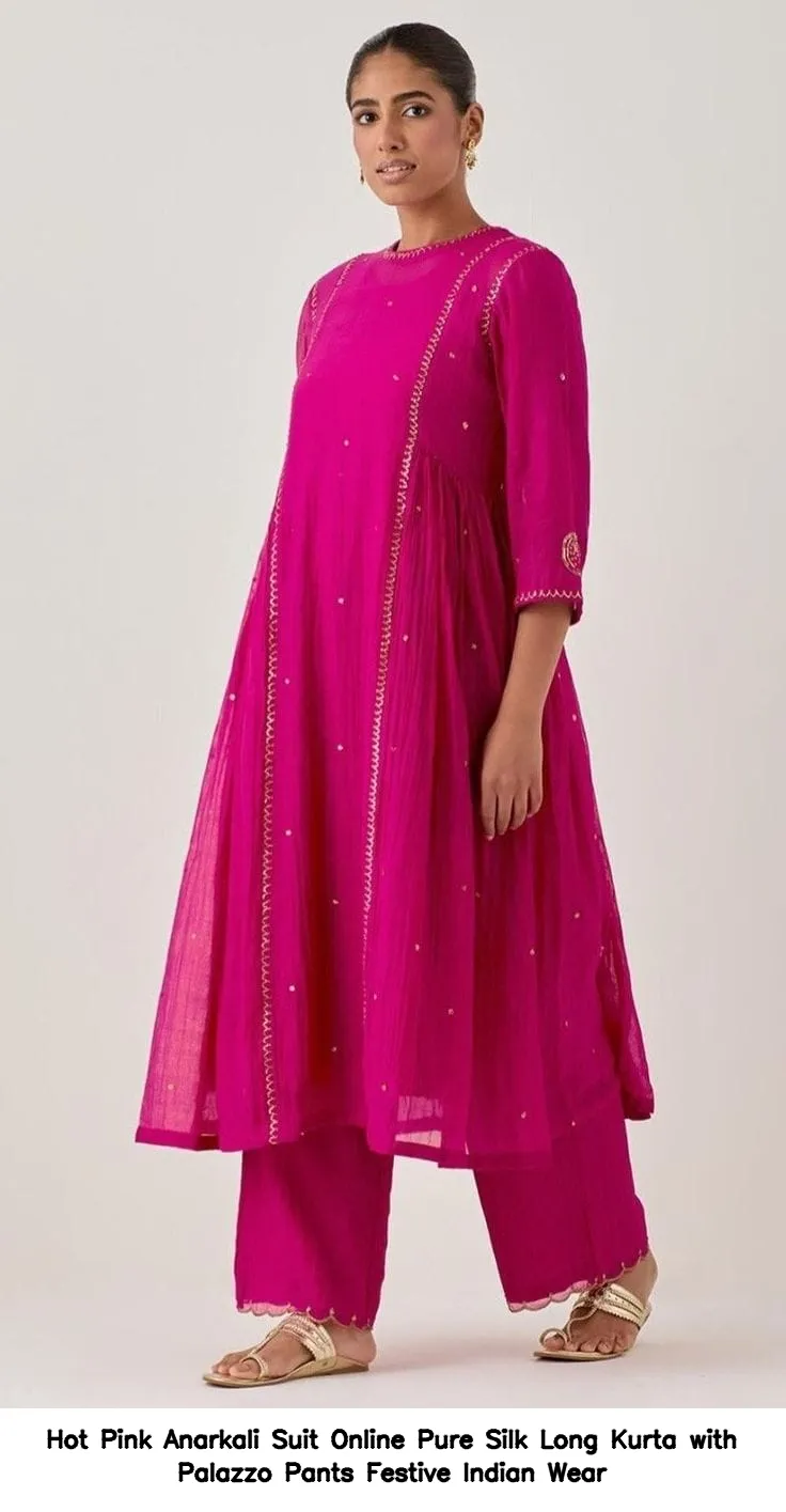 Hot Pink Anarkali Suit Online – Pure Silk Long Kurta with Palazzo Pants – Festive Indian Wear