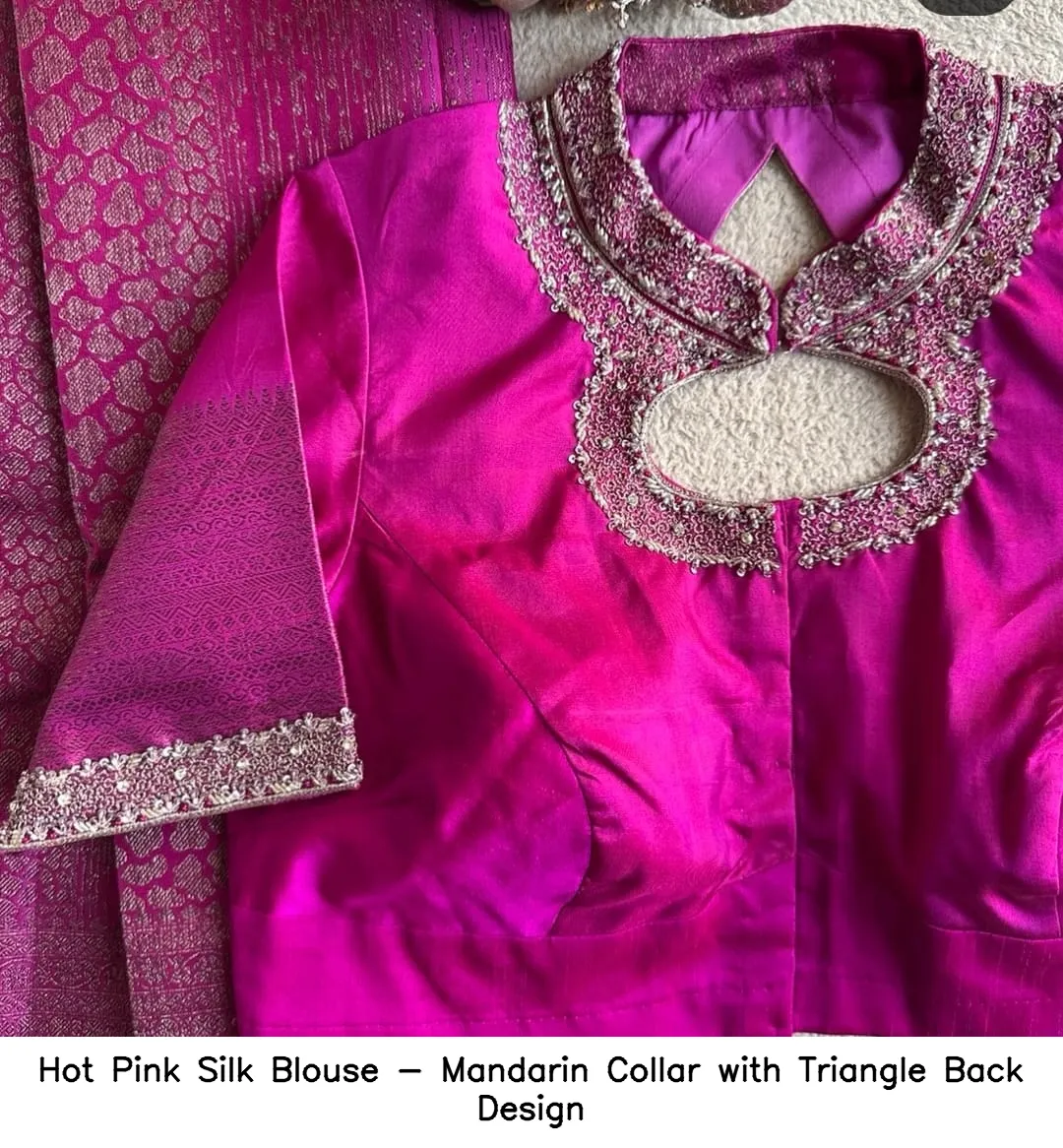 Hot Pink Silk Blouse - Mandarin Collar with Triangle Back Design