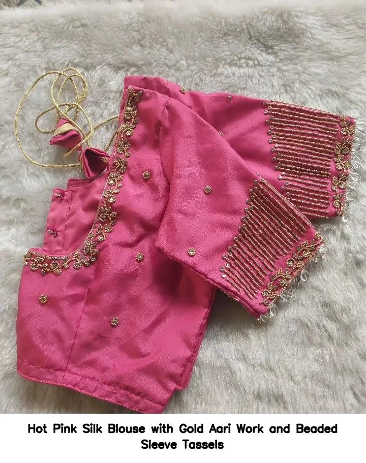 Hot Pink Silk Blouse with Gold Aari Work and Beaded Sleeve Tassels
