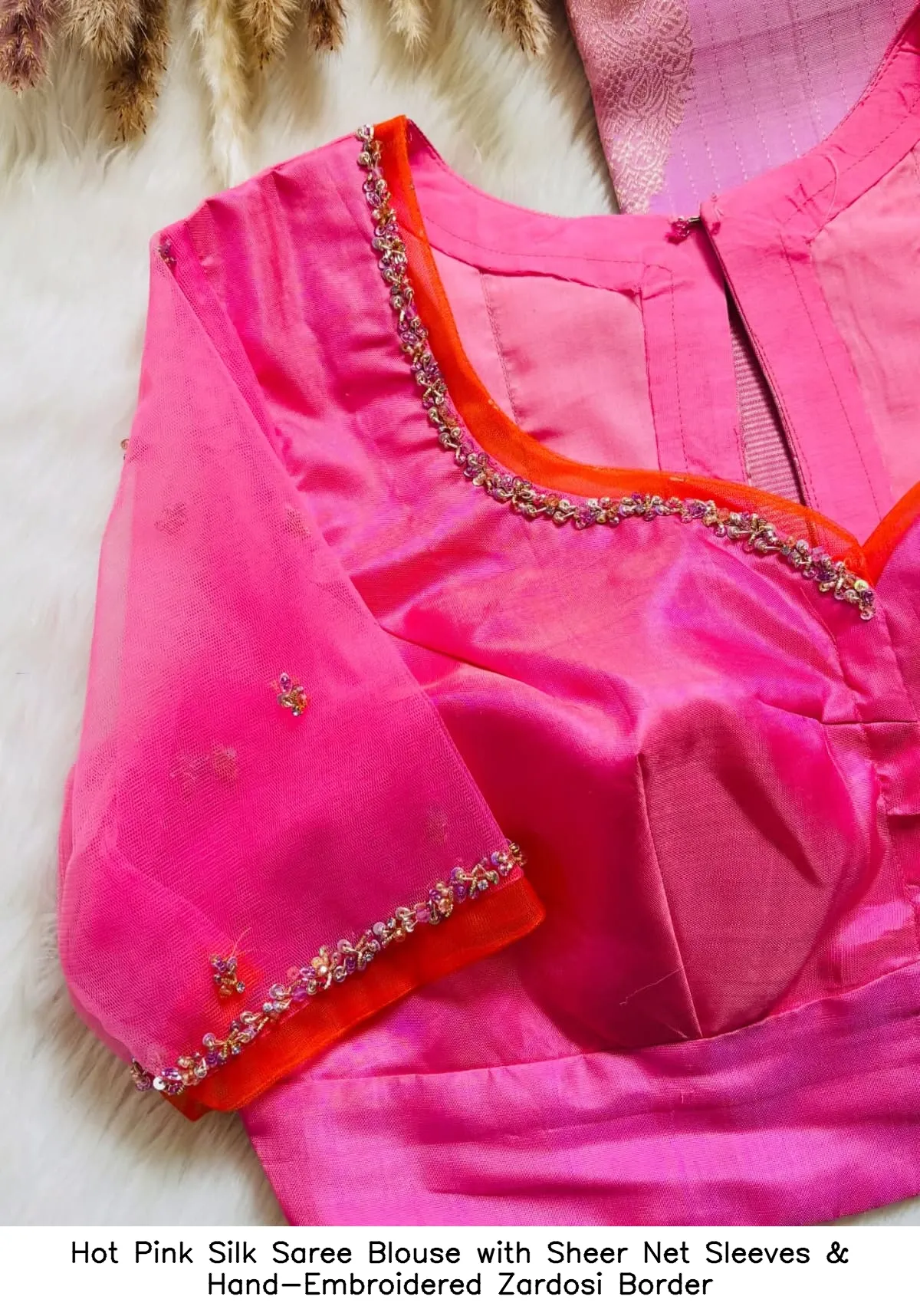 Hot Pink Silk Saree Blouse with Sheer Net Sleeves & Hand-Embroidered Zardosi Border