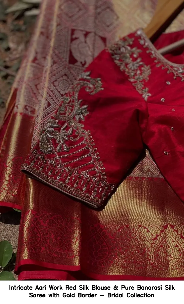 Intricate Aari Work Red Silk Blouse & Pure Banarasi Silk Saree with Gold Border - Bridal Collection