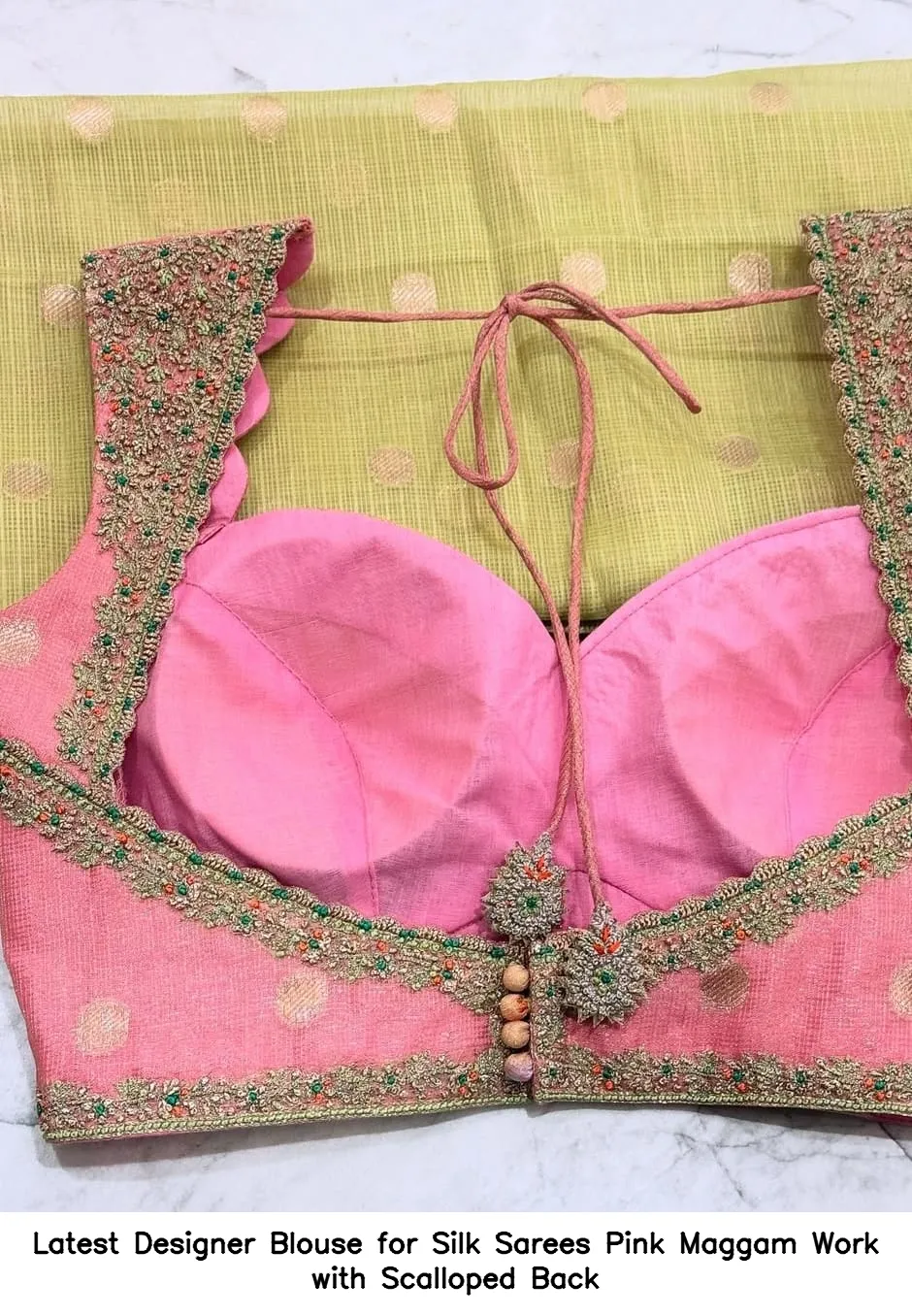 Latest Designer Blouse for Silk Sarees – Pink Maggam Work with Scalloped Back