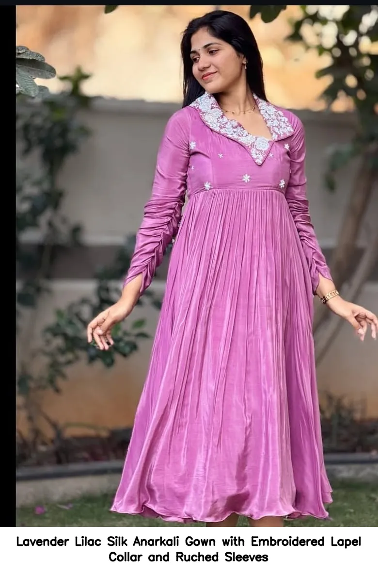 Lavender Lilac Silk Anarkali Gown with Embroidered Lapel Collar and Ruched Sleeves