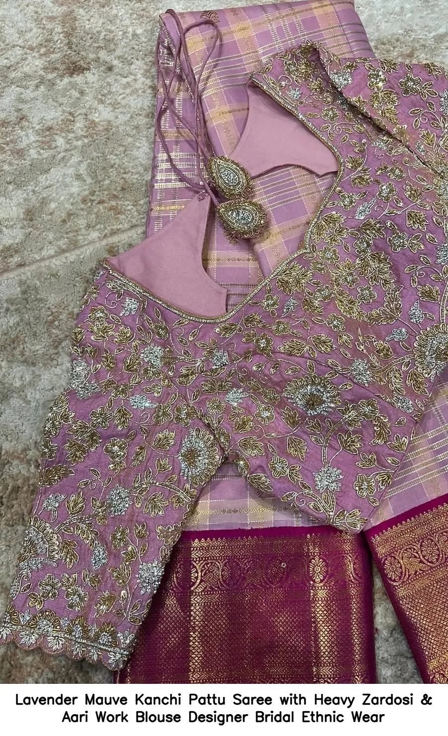 Lavender Mauve Kanchi Pattu Saree with Heavy Zardosi & Aari Work Blouse – Designer Bridal Ethnic Wear