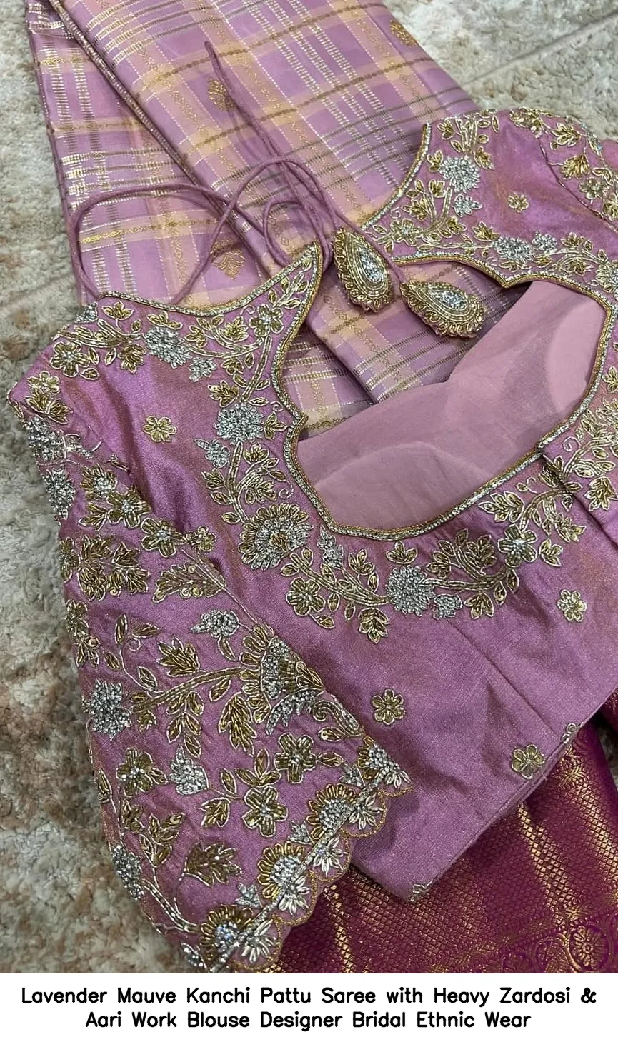 Lavender Mauve Kanchi Pattu Saree with Heavy Zardosi & Aari Work Blouse – Designer Bridal Ethnic Wear - Image 2