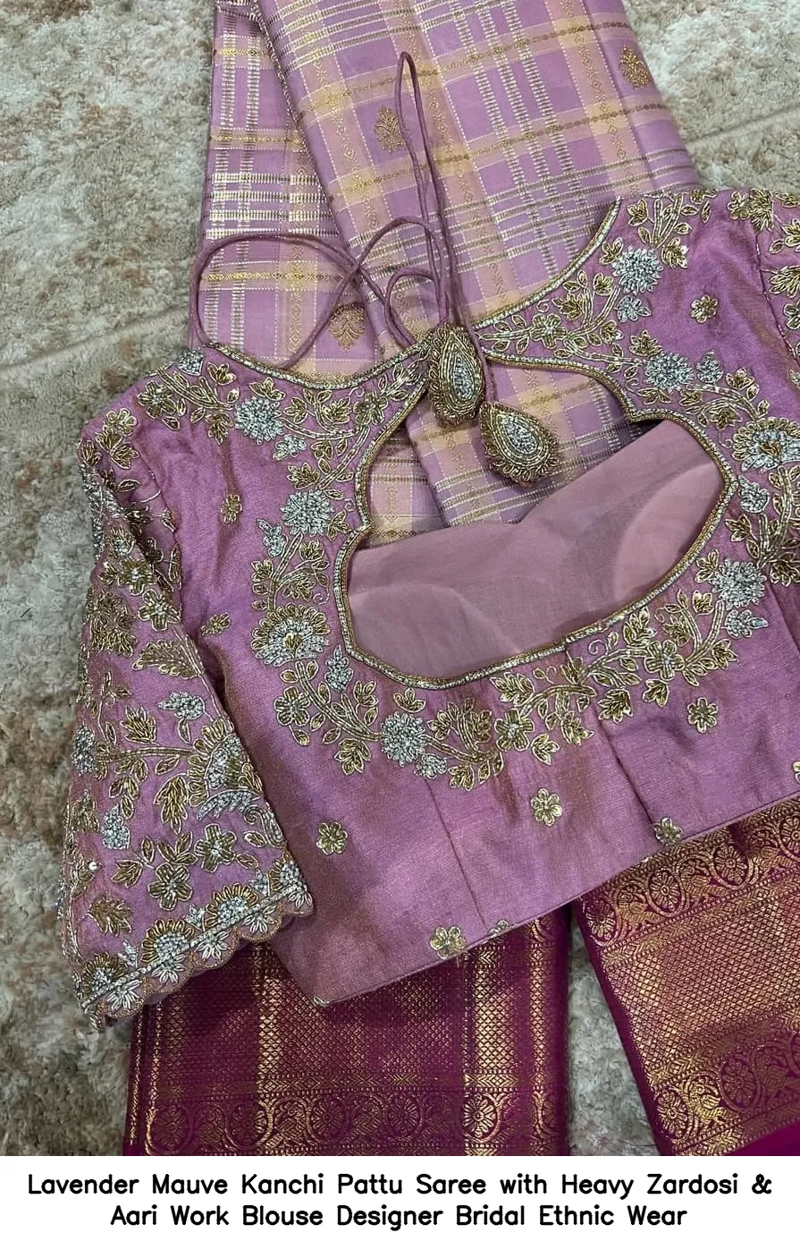 Lavender Mauve Kanchi Pattu Saree with Heavy Zardosi & Aari Work Blouse – Designer Bridal Ethnic Wear - Image 3