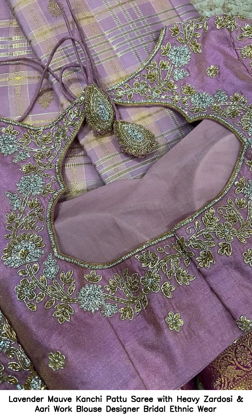 Lavender Mauve Kanchi Pattu Saree with Heavy Zardosi & Aari Work Blouse – Designer Bridal Ethnic Wear - Image 4