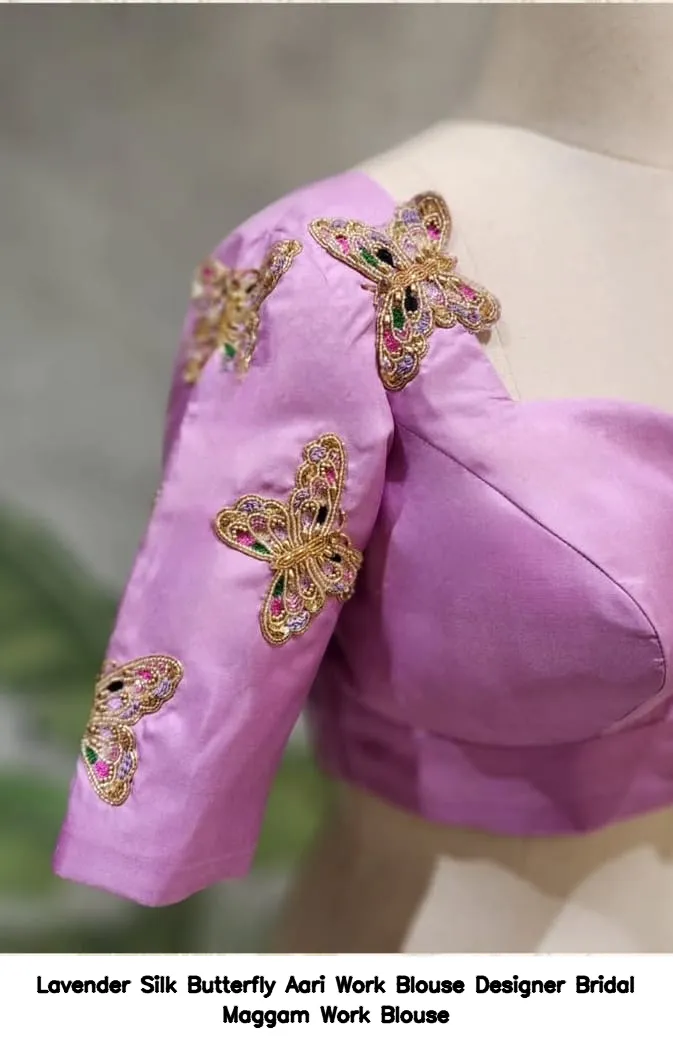 Lavender Silk Butterfly Aari Work Blouse – Designer Bridal Maggam Work Blouse