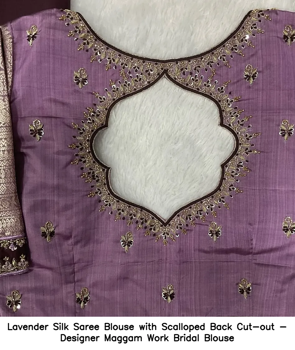 Lavender Silk Saree Blouse with Scalloped Back Cut-out - Designer Maggam Work Bridal Blouse - Image 2