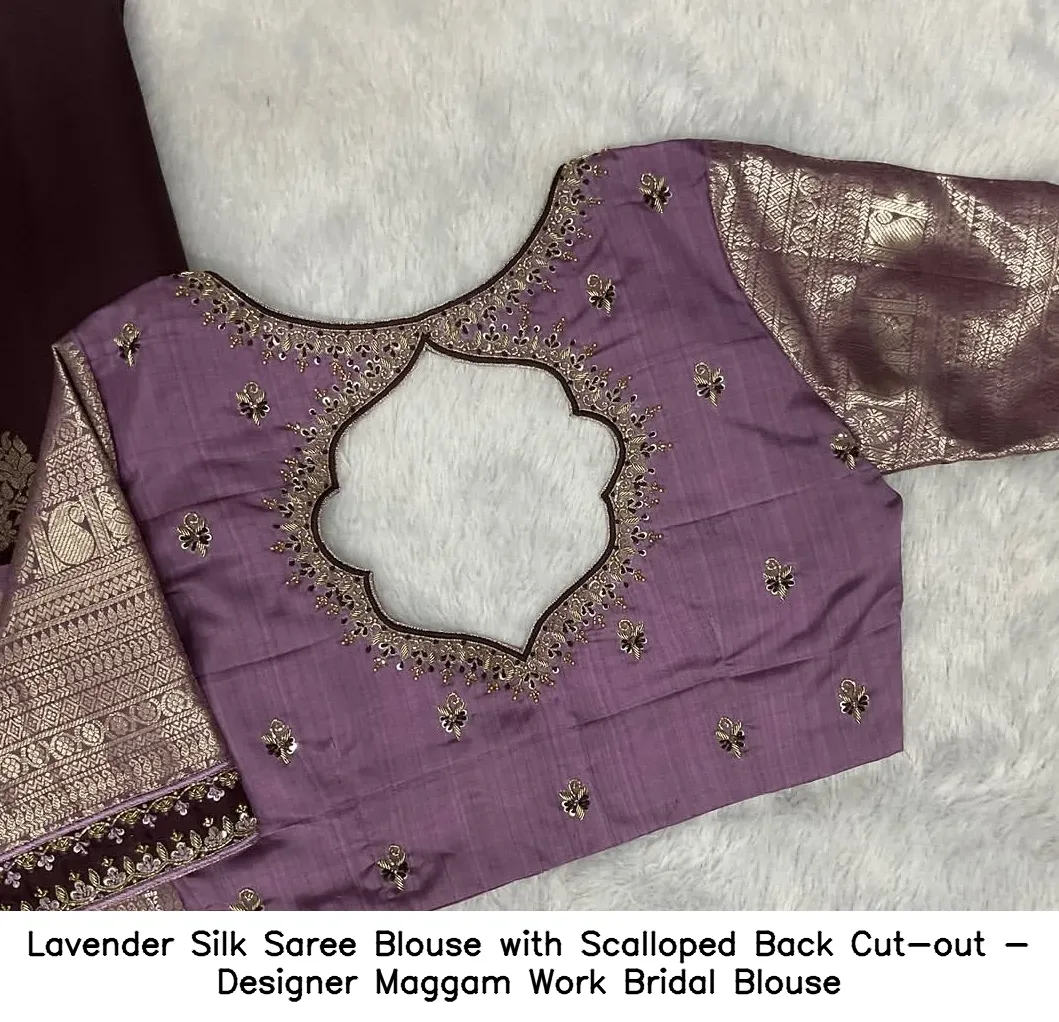 Lavender Silk Saree Blouse with Scalloped Back Cut-out - Designer Maggam Work Bridal Blouse - Image 3