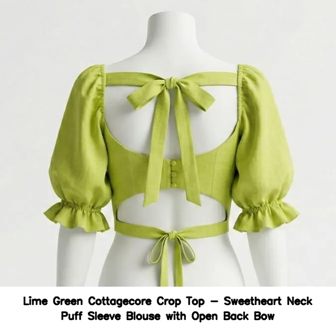 Lime Green Cottagecore Crop Top - Sweetheart Neck Puff Sleeve Blouse with Open Back Bow