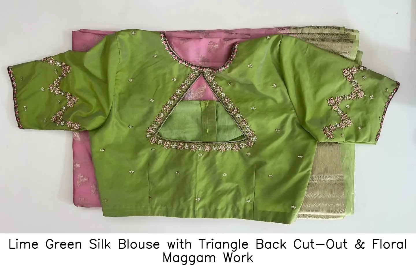 Lime Green Silk Blouse with Triangle Back Cut-Out & Floral Maggam Work