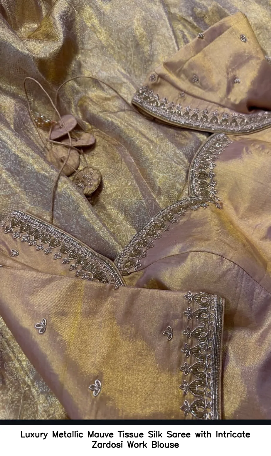 Luxury Metallic Mauve Tissue Silk Saree with Intricate Zardosi Work Blouse