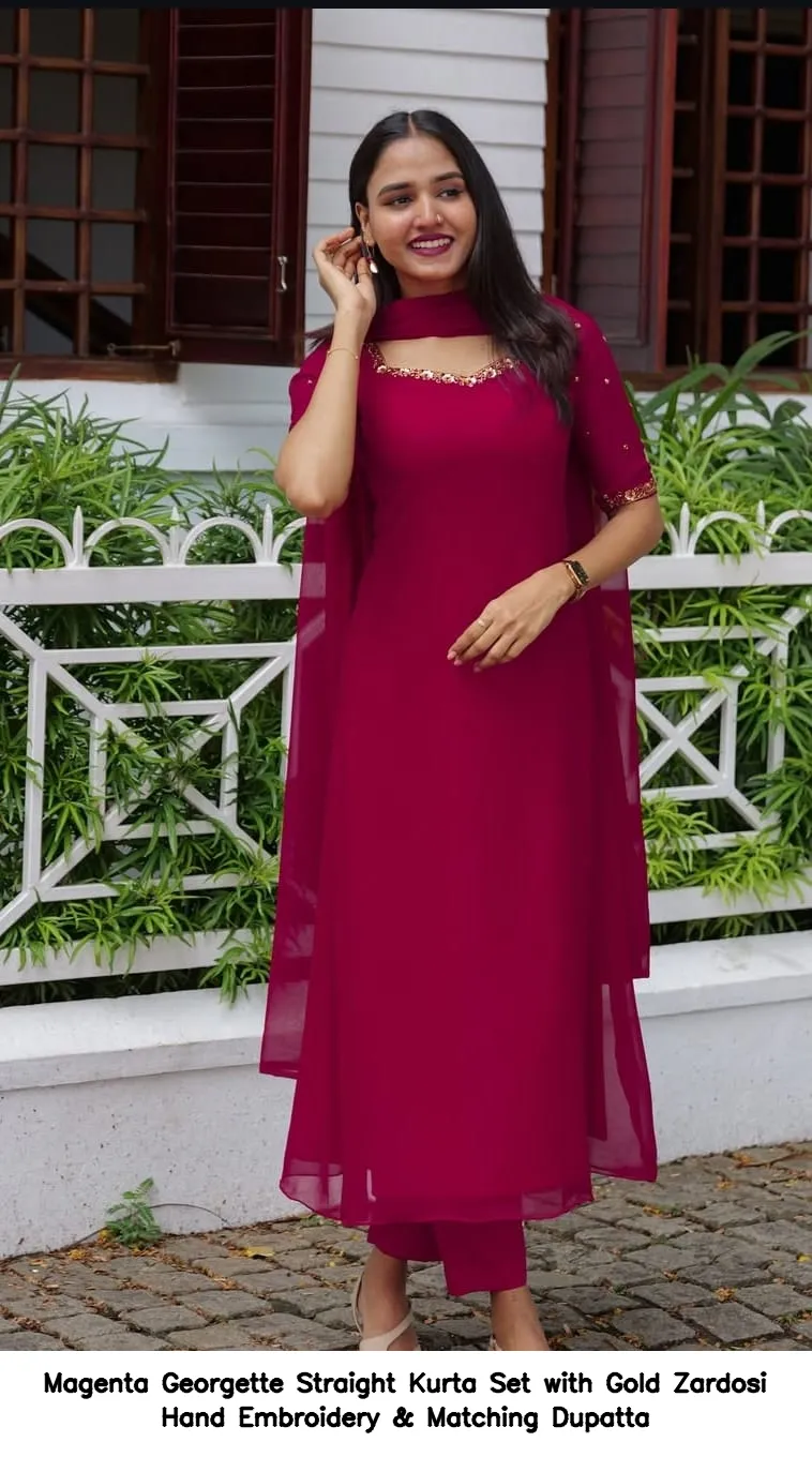 Magenta Georgette Straight Kurta Set with Gold Zardosi Hand Embroidery & Matching Dupatta