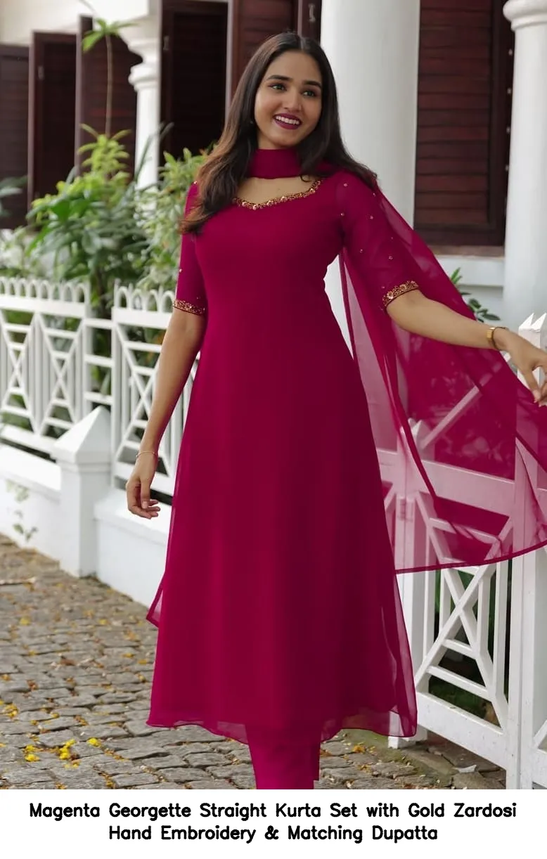 Magenta Georgette Straight Kurta Set with Gold Zardosi Hand Embroidery & Matching Dupatta - Image 2