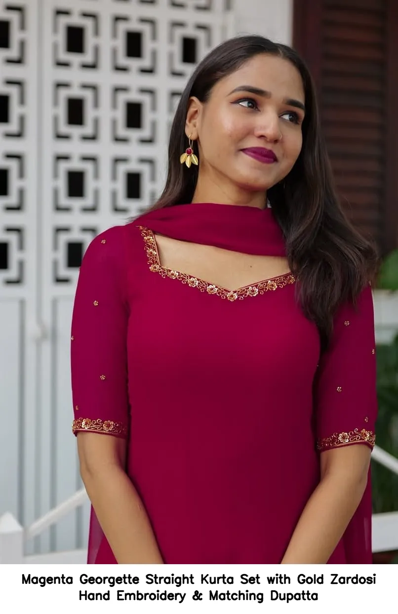 Magenta Georgette Straight Kurta Set with Gold Zardosi Hand Embroidery & Matching Dupatta - Image 3