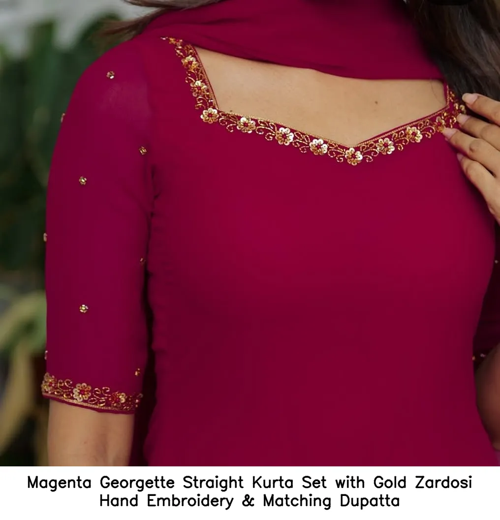 Magenta Georgette Straight Kurta Set with Gold Zardosi Hand Embroidery & Matching Dupatta - Image 4